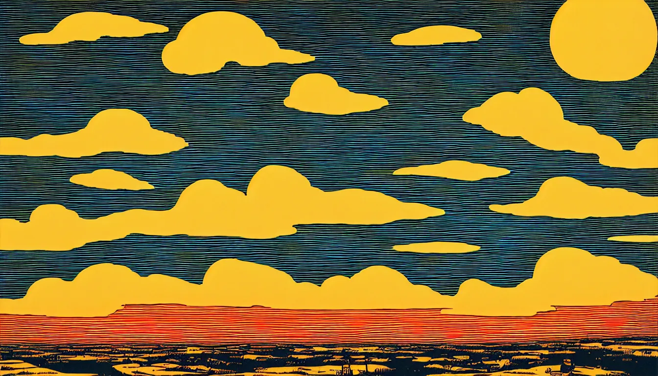 Prompt: clouds light rays by dan mumford and peter doig and edward hopper, symmetrical, minimal, black ink, thick lines highly detailed, muted colours 8 k