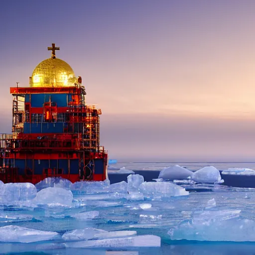Image similar to Oil platform with orthodox temple on it surrounded by ice