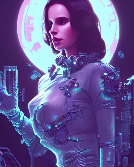 Image similar to portrait of lana del rey as a cyberpunk cyborg. roses, sci - fi, missing panels, intricate abstract upper body intricate artwork, by tooth wu, wlop, beeple, dan mumford. concept art, octane render, deviantart, greg rutkowski, cinematic arthouse, key art, hyper realism, iridescent accents