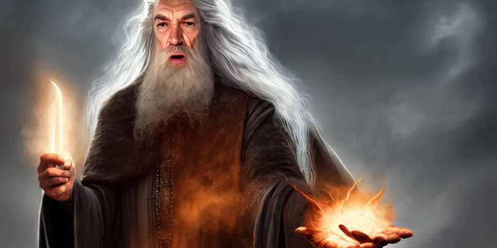 Image similar to a handsome bearded white male sorcerer, he is casting a spells coming from his hands. gandalf, brown hair, epic composition, closed hands, waist up, trending on artstation, concept art,