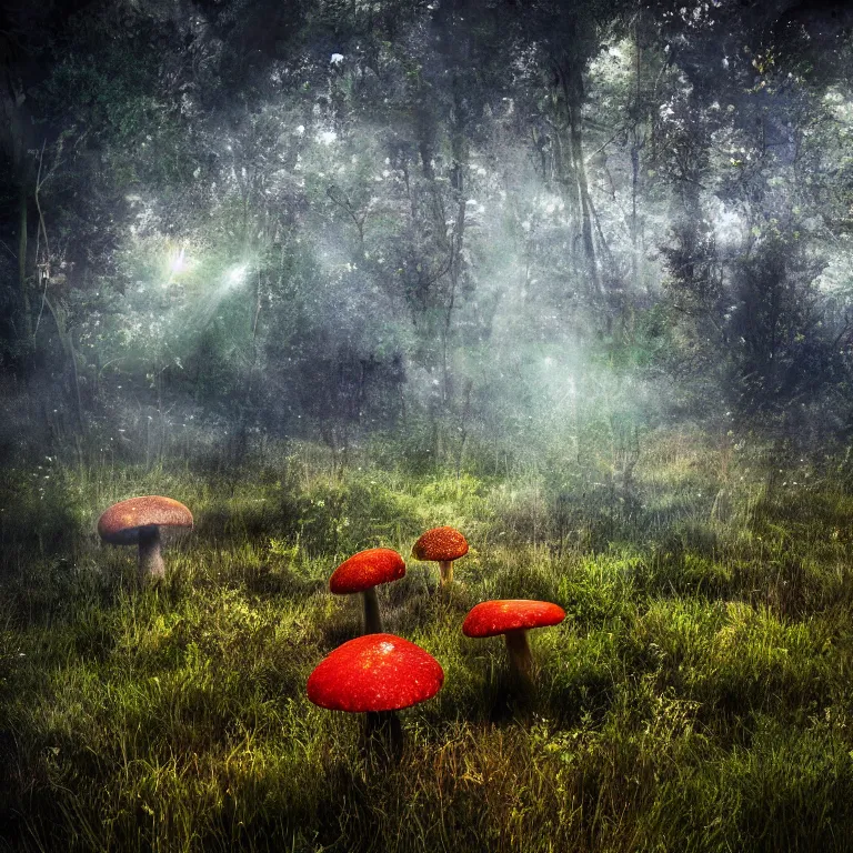 Image similar to a planet of various fungus like trees, mushrooms, flowers and plants, artistic photography, conceptual, long exposure outside the city, volumetric light