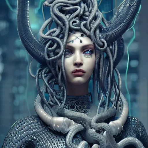 Image similar to Cyberpunk medusa, intricate, ornate, photorealistic, ultra detailed, octane render, high definition, depth of field, bokeh, 8k, artstation