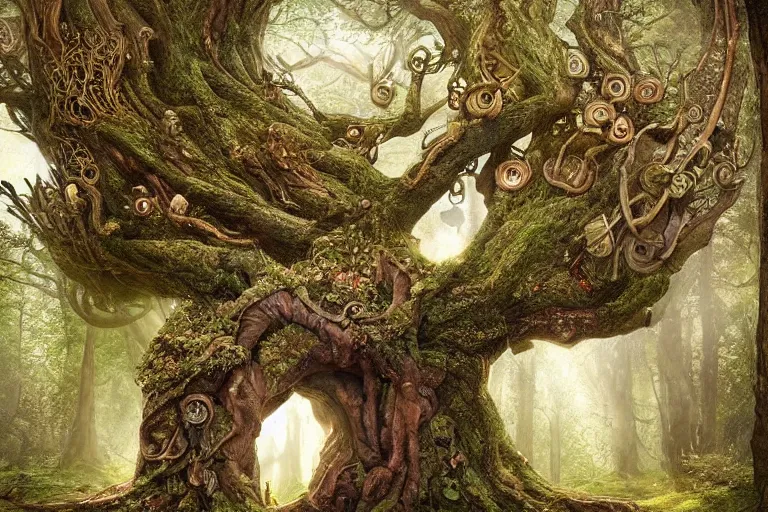 Prompt: yggdrasil the biggest tree in the world with a victorian fairy house embeded in the wood, treehouse, with long roots and branches, on the side of a magnificient lush forest on a hill, epic, beautiful light, highly detailed by brian froud