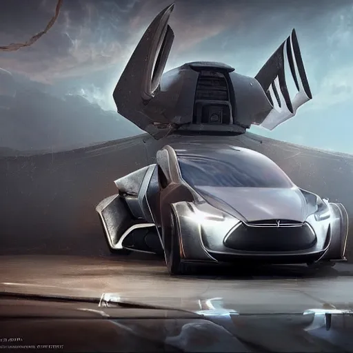 Image similar to A tesla transformer car from the year 8000 with turbines and an Aerodynamic design, Greg rutkowski, hyper-realistic Full HD Resolutions, cinematic, Rendering unreal engine, cinema4D