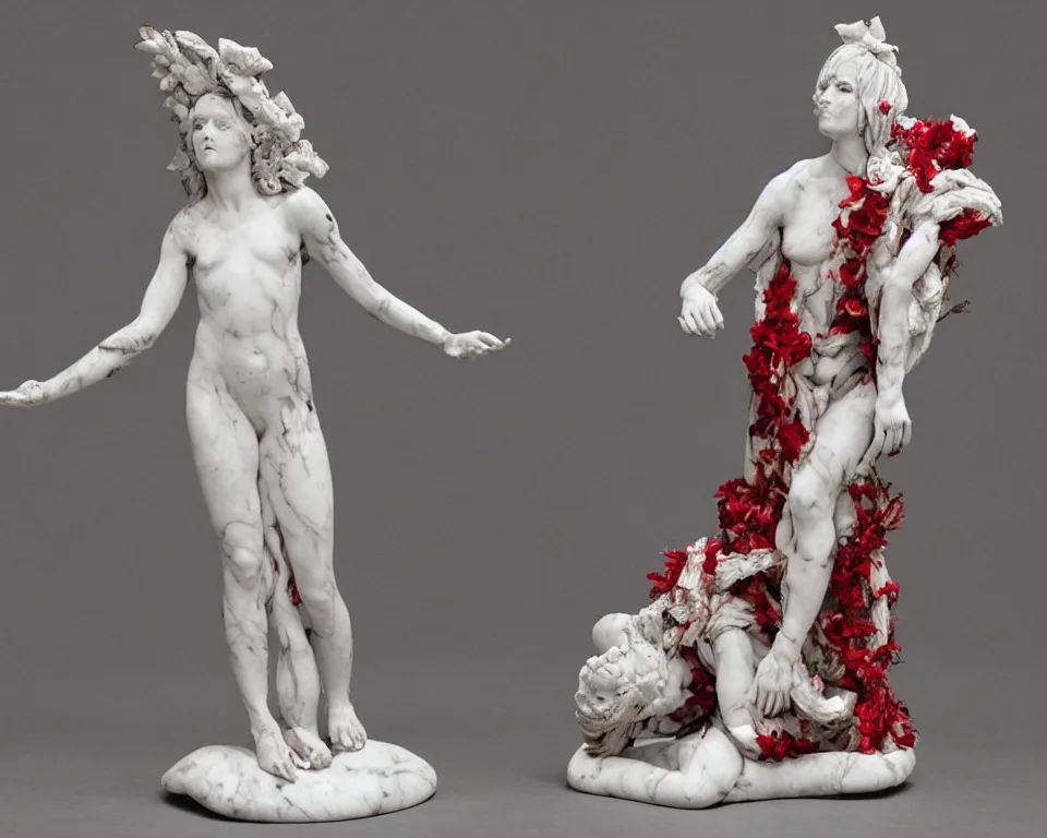 Image similar to intrincate carrara marble red green and white statue of Oblivium Blossom Goddess made by Kris Kuksi and HR Giger and Lois Greenfield