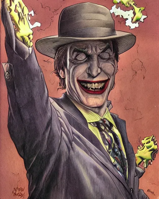 Image similar to portrait of saul goodman as the joker, illustration, art by neil gaiman and peter elson, bernie wrightson