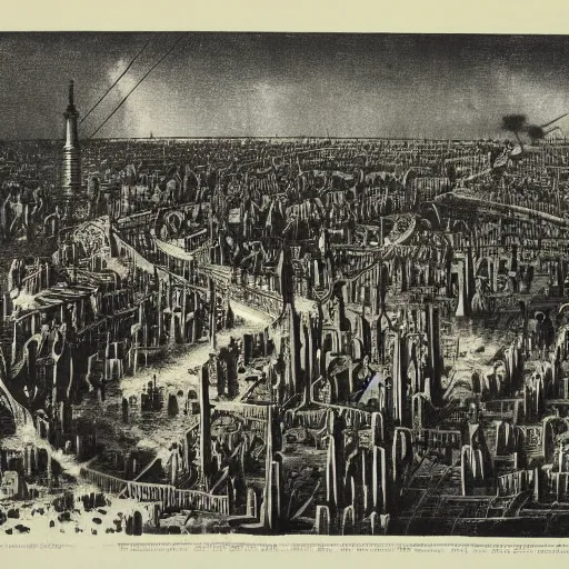 Image similar to 1888 aquatint of futuristic city,