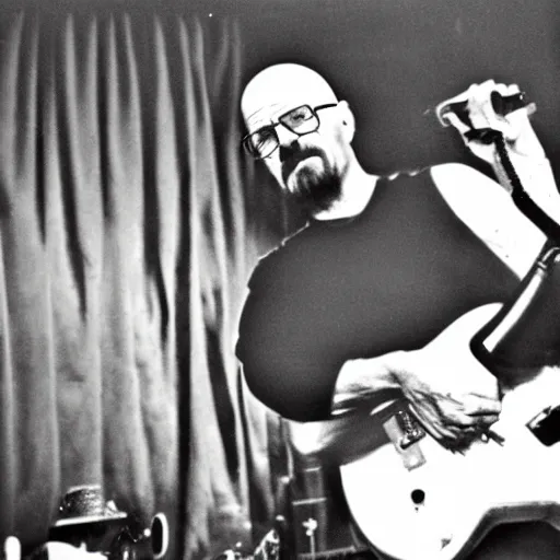 Image similar to walter white electric guitar concert, 1 9 9 0 s camera, film grain