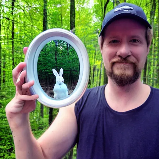 Prompt: photo of a man holding a mirror in a forest with a bunny on his shoulder