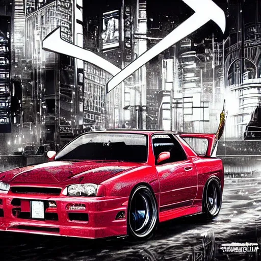 Image similar to beautiful hyper-detailed artwork of a ninja warrior with a sword, driving through the city, in a modified Nissan skyline r34, cyberpunk style