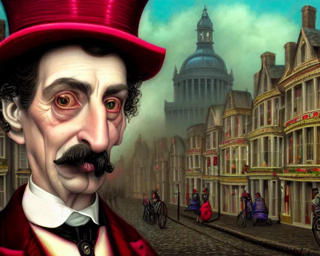 Image similar to closeup profile portrait of victorian london streets, mark ryden, lostfish, max fleischer, hyper realistic, artstation, illustration, digital paint, matte paint, vivid colors, bright, cheerful, detailed and intricate environment