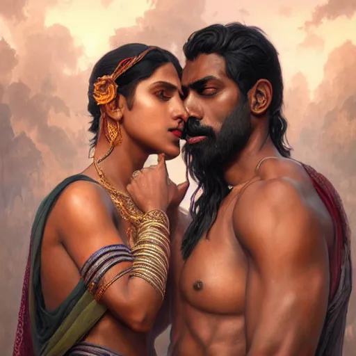 Image similar to portrait painting of dark muscular indian couple kissing, ultra realistic, concept art, intricate details, eerie, highly detailed, photorealistic, octane render, 8 k, unreal engine. art by artgerm and greg rutkowski and alphonse mucha