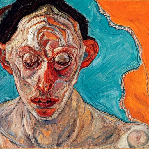 Image similar to high quality high detail expressionist painting of a man in agony by lucian freud and jenny saville egon schiele and francis bacon, hd, anxiety, turquoise and orange