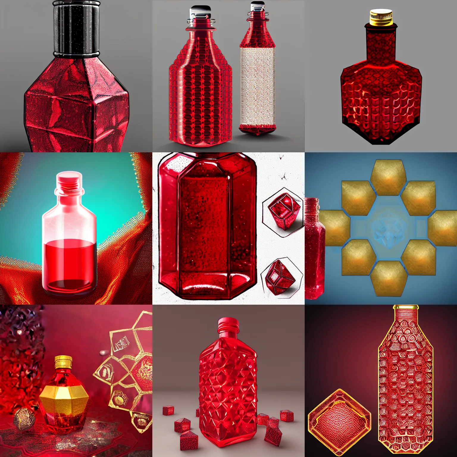 Prompt: The legendary Blood-Red Sparkling health potion in a hexagonal bottle, golden lace pattern, photorealistic render, D&D