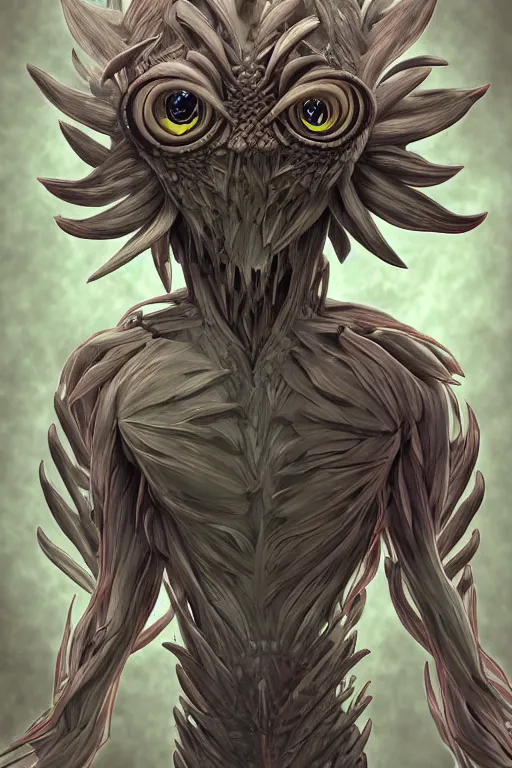 Image similar to a humanoid artichoke monster with large orb eyes, highly detailed, digital art, sharp focus, trending on art station, plant, anime art style