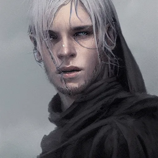 Prompt: portrait of a young man in a black cloak, silver hair, purple eyes, detailed face, highly detailed, cinematic lighting, digital art painting by greg rutkowski.