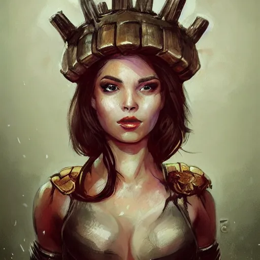 Prompt: doomguy as an attractive young smiling woman wearing a mushroom crown and heavy armoured wedding dress, face portrait, hd shot, digital portrait, beautiful, fantasy art, artstation, comic style, by artgerm, guy denning, jakub rozalski, magali villeneuve and charlie bowater