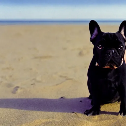 Image similar to black french bulldog in the beach, studio ghibli