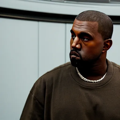 Image similar to a cinematic film still of Kanye West starring in a sitcom, portrait, 40mm lens, shallow depth of field, close up, split lighting, cinematic