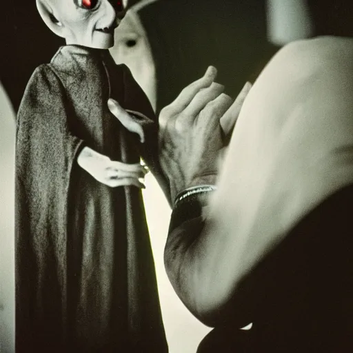 Image similar to portrait of nosferatu playing with his kid, realistic detailed photography, kodak 5 2 1 9 film, 5 0 mm lens