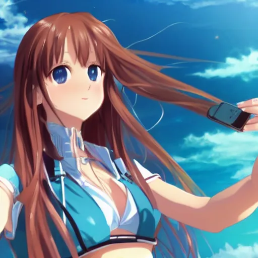 Prompt: a very beautiful young yuuki asuna taking a selfie on 9 / 1 1, full body, long wavy hair, sky blue eyes, full round face, bikini, miniskirt,, cinematic wallpaper