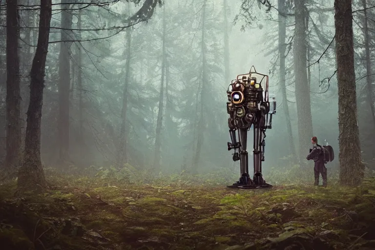 Image similar to steampunk mech standing in a swedish forest, very low angle photograph, very detailed, trending on artstation, realistic, soft colors, simon stålenhag