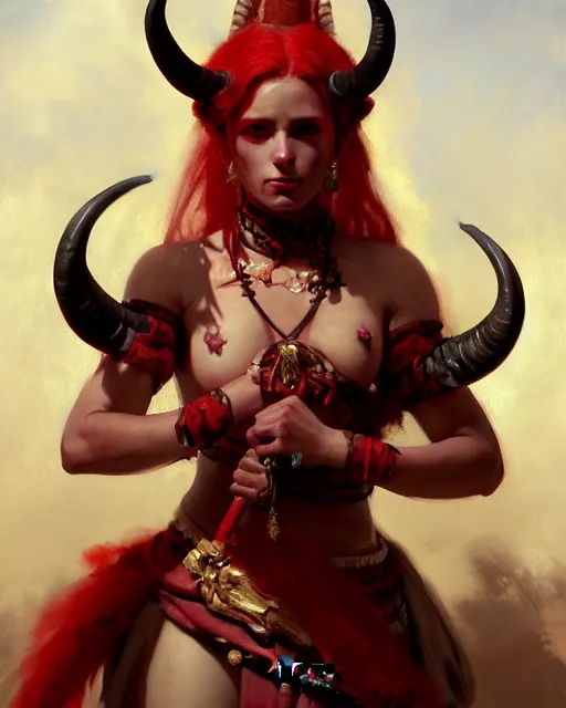 Prompt: painted close - up portrait of a red - skinned intimidating demon girl with ram horns. oil painting, wearing a noblewoman's outfit, fantasy art by greg rutkowski and john singer sargent and gaston bussiere and greg rutkowski, demon noble character design, hd