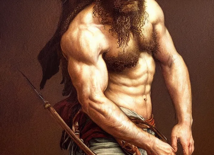 Image similar to renaissance painting full body portrait of a gruff ranger with a spear, lean and toned, handsome face, hairy chest and hairy body, D&D, intricate, elegant, highly detailed, digital painting, artstation, concept art, matte, sharp focus, chiaroscuro, well list, illustration, art by Artgerm and Greg Rutkowski and Alphonse Mucha