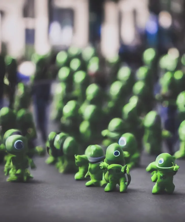 Image similar to high quality presentation photo of cute little green men from outer space, photography 4k f1.8 anamorphic bokeh 4k Canon Nikon