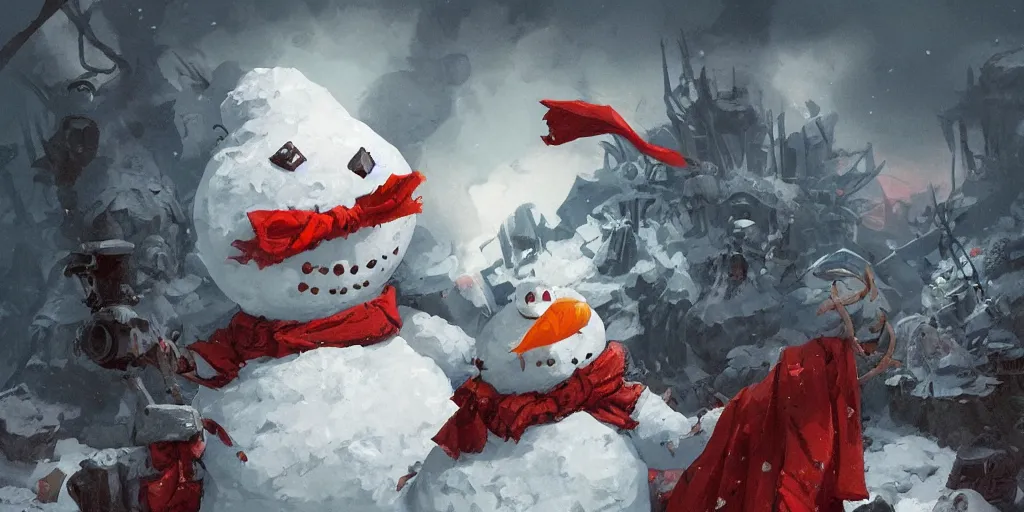 Image similar to evil snowman, colorful, contrast, kim jung gi, greg rutkowski, zabrocki, karlkka, jayison devadas, trending on artstation, 8 k, ultra wide angle, pincushion lens effect