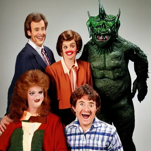 Image similar to vintage 1 9 8 0's sitcom publicity photo, a happy photogenic family and a large giant evil demonic horrifying angry detailed monstrous demon creature inside a 1 9 8 0's sitcom living room