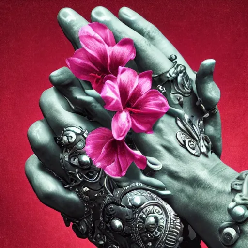 Prompt: maximalist elaborate photorealistic cyborg hands holding a flower. in the style of Michelangelo, with cyberpunk and flemish baroque details. vibrant vivid textures HD 8x matte background