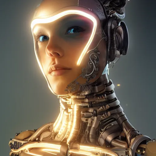 Prompt: A close-up portrait of a beautiful female cyborg wearing an intricate venetian mask, exposed inner structure, glowing eyes, wlop, trending on artstation