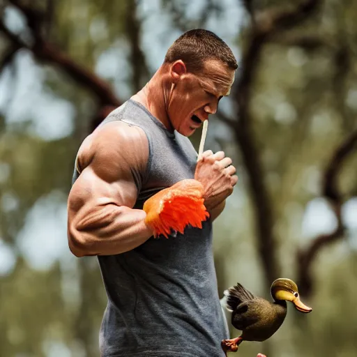 Image similar to John Cena eating a duck, 40nm lens, shallow depth of field, split lighting, 4k,