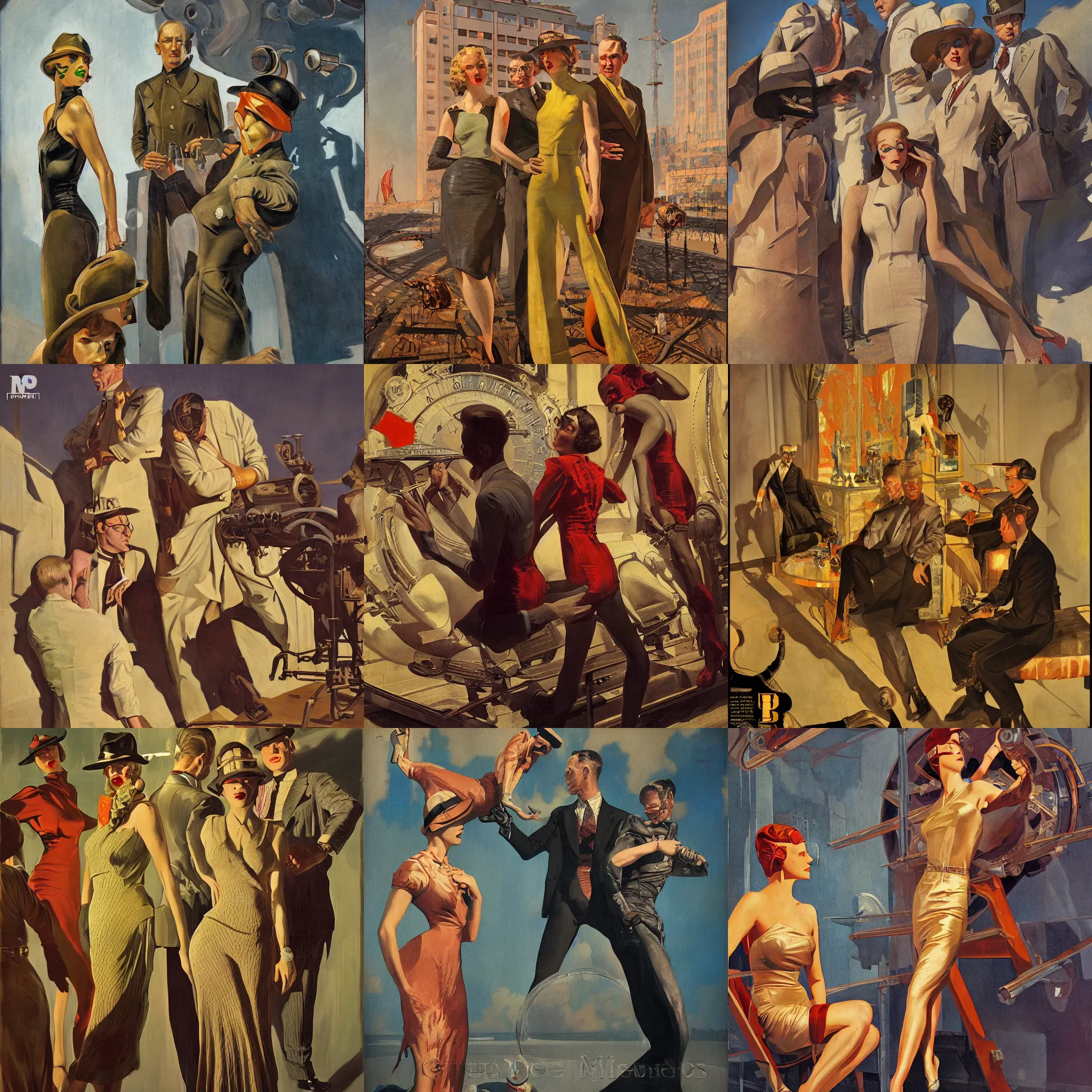 Prompt: pulp art, 1930s, artwork by Joseph Leyendecker and Hugh Ferriss and Robert McGinnis and Alfred Henry Maurer, impressionism, soviet paintings, 3d octane blender render, progressive rock album cover