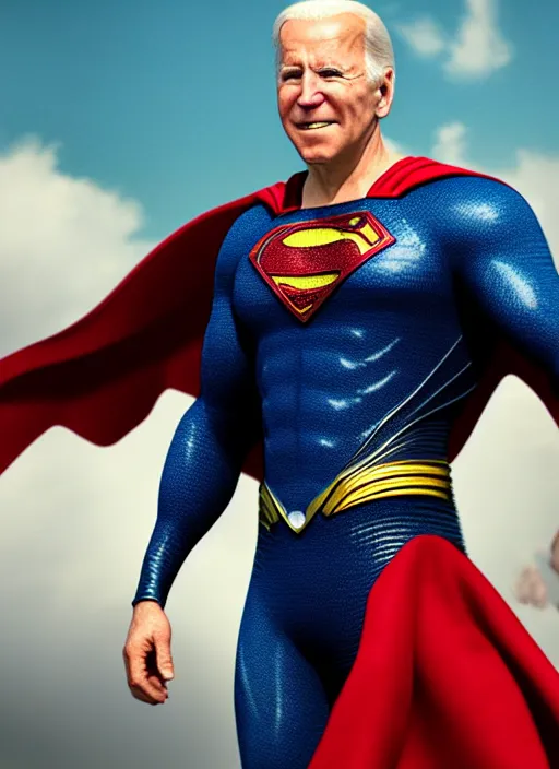 Image similar to Joe Biden cast as Superman, still from Man of Steel movie, hyperrealistic, 8k, Octane Render,