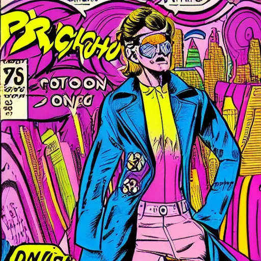Image similar to psychedelic 7 0 s comic book style, detective in a trenchcoat in densely packed city street
