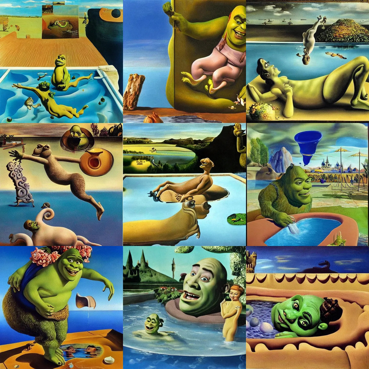 Prompt: shrek taking a dip in the pool on a lovely summer's day, surreal Salvador dali painting (1932), oil painting