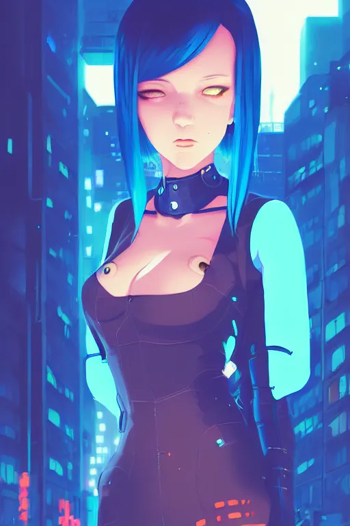 Image similar to digital illustration portrait of cyberpunk pretty girl with blue hair, wearing dominatrix outfit, in city street at night, by makoto shinkai, ilya kuvshinov, lois van baarle, rossdraws, basquiat