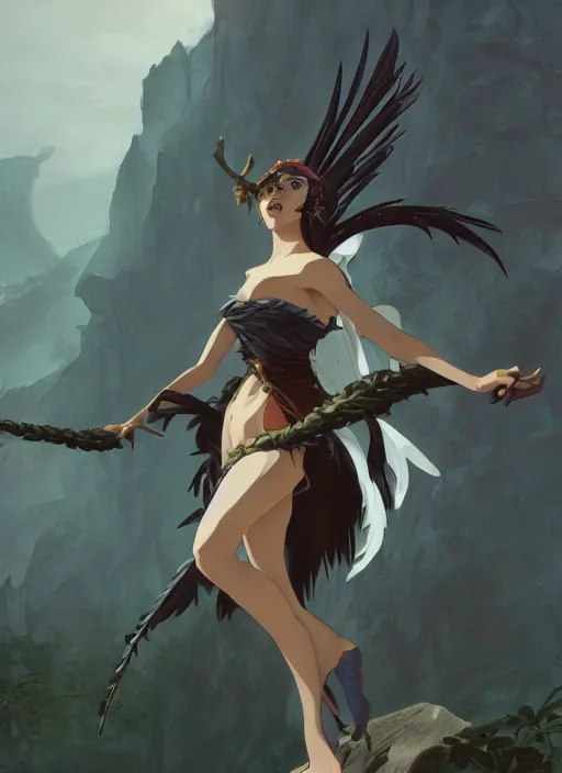 Prompt: concept art painting of a harpy with black feathers, pirate clothes, detailed, realistic, cel shaded, in the style of makoto shinkai and james gurney and alphonse mucha and greg rutkowski and artgerm