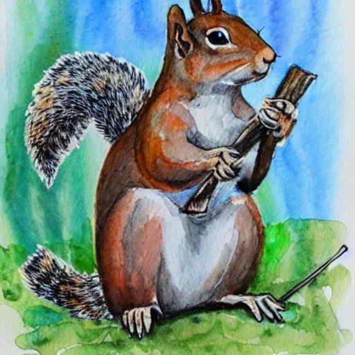 Prompt: a squirrel casting a spell, armor, glyphs, watercolour,