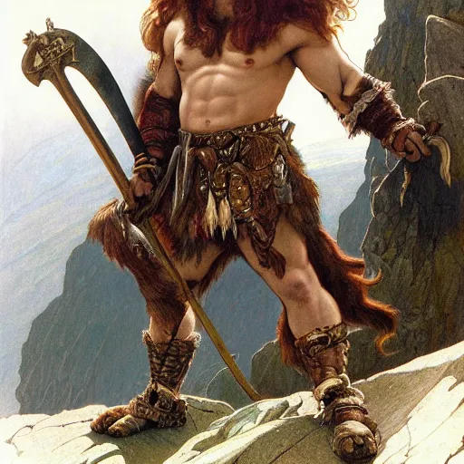 Image similar to an ultradetailed portrait of robin williams dressed as an troll barbarian, standing heroically on top of a cliff, d & d, fantasy, intricate, elegant, highly detailed, digital painting, matte, sharp focus, illustration, giant bone cleaving sword, god rays, art by john collier and albert aublet and krenz cushart and alphonse mucha