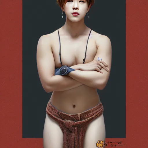 Image similar to wide angle full body portrait of Park Jimin of BTS, with a perfect face and perfect body, thin waist, plump lips, intricate, single face, wearing greek Palla, highly detailed, digital painting, artstation, concept art, smooth, sharp focus, illustration, Unreal Engine 5, 8K, art by artgerm and greg rutkowski and alphonse mucha