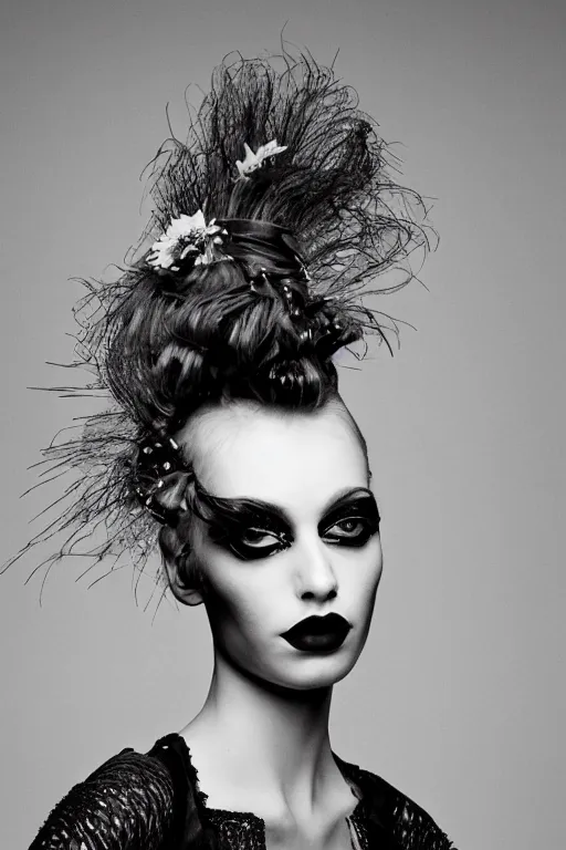 Image similar to a bountiful springtime harvest, a conceptual surrealist punk hairstyle for girls, by steven meisel, sigma 35mm f/8