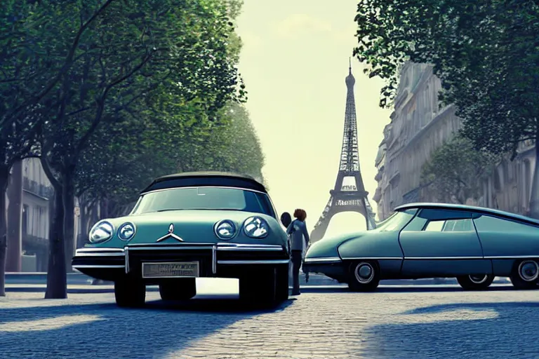 Image similar to a wholesome beautiful animation key shot of!! one!! focused!! 1 9 7 4 citroen ds!! in a paris street with trees, eiffel tower, medium wide shot, studio ghibli, ( pixar ) and disney animation, sharp, very detailed, high resolution, rendered in unreal engine 5, anime key art by greg rutkowski, bloom, dramatic lighting