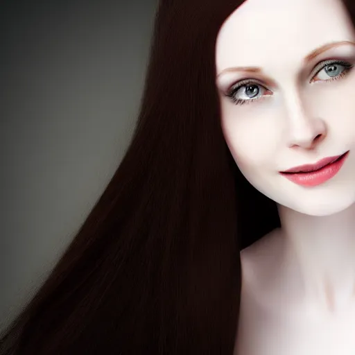 Prompt: portrait of a beautiful pale skin female with long black hair dark brown eyes gentle smiling expression elegant clothing photorealist