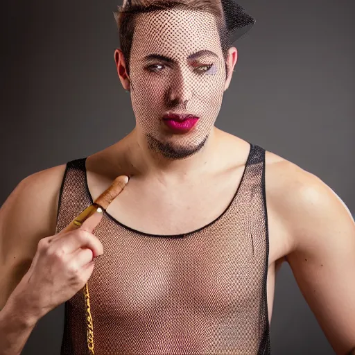 Image similar to A full shot portrait of a young man in a Netted Fishnet Mesh Tanktop wearing a golden diamond crown smoking a cigar on a sunny day in the park, 35mm, 4K, studio lighting