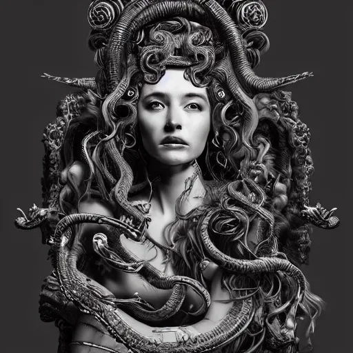 Fantasy image of the Greek goddess on the throne. Gorgon Medusa Stock  Illustration