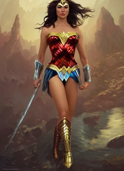 Prompt: Donald Trump as wonder woman, fantasy, intricate, elegant, highly detailed, digital painting, artstation, concept art, smooth, sharp focus, illustration, art by artgerm and greg rutkowski and alphonse mucha