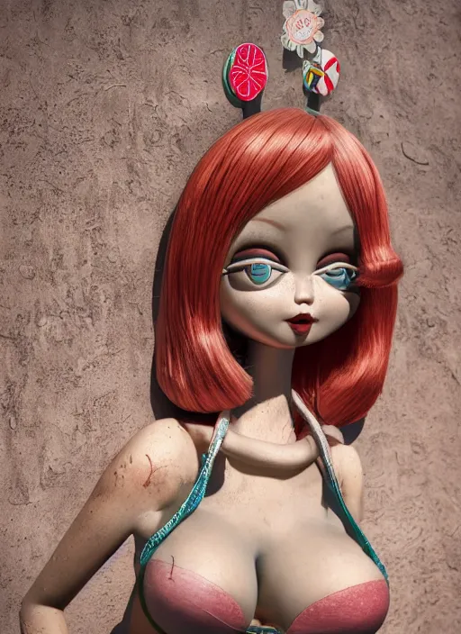 Image similar to closeup of a tin toy bikini girl, depth of field, zeiss lens, detailed, symmetrical, centered, fashion photoshoot, by nicoletta ceccoli, mark ryden, lostfish, earl nore, hyung tae, frank frazetta, breathtaking, 8 k resolution, extremely detailed, beautiful, establishing shot, artistic, hyperrealistic, octane render